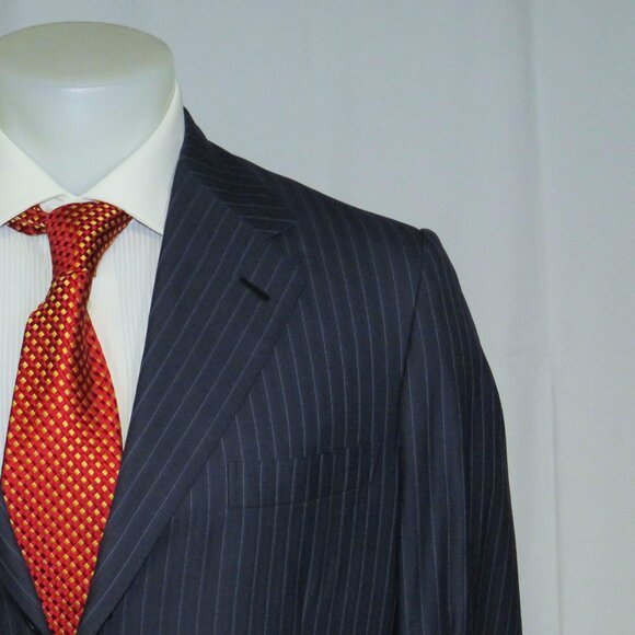Brioni Senato Super 180 Custom Made Dark Blue Striped Three Button Suit 44R